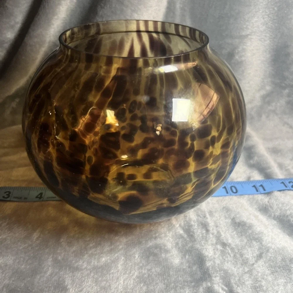 Tortoise Shell Glass Vase Amber Brown Fishbowl Leopard Spots MCM 7in
